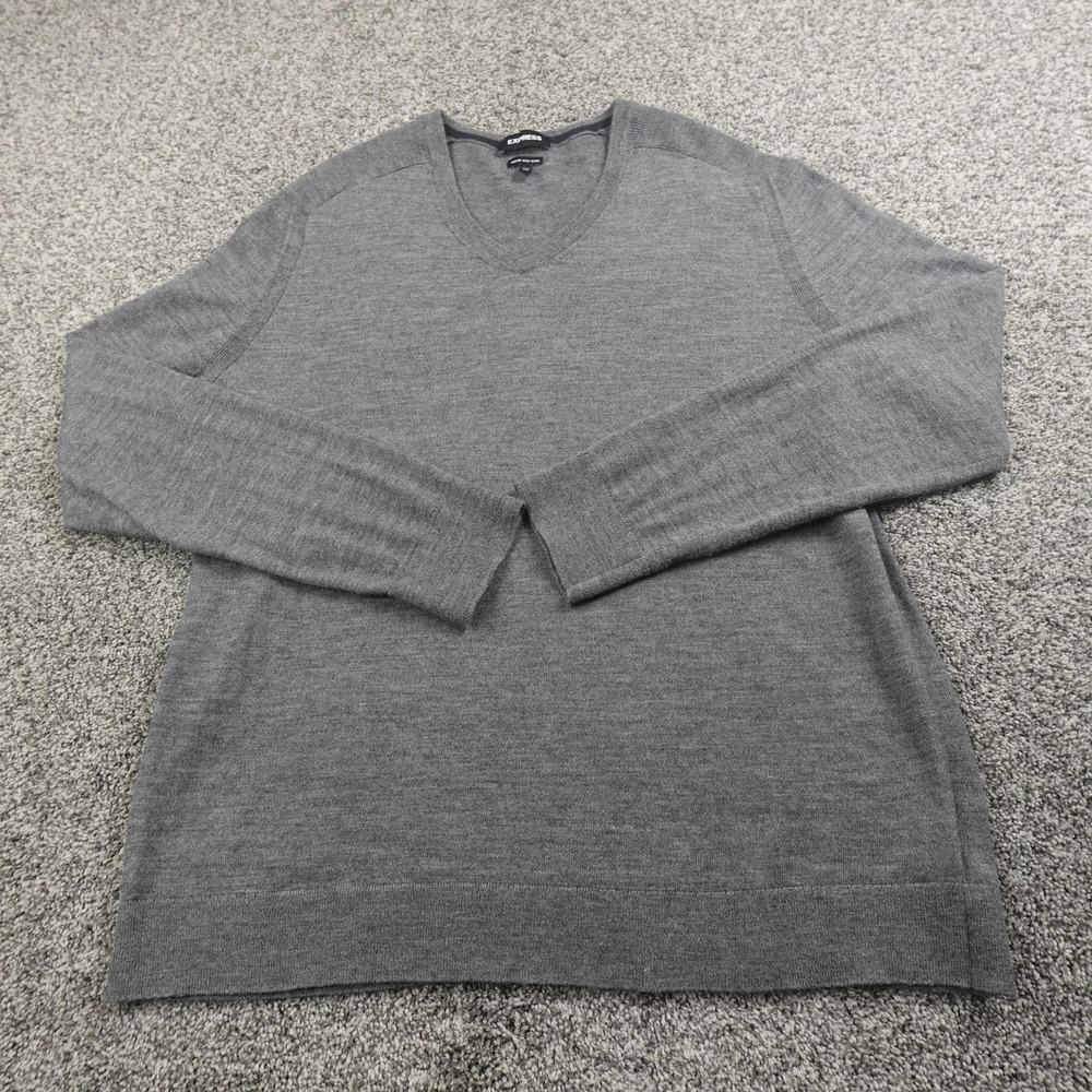 Express Sweater Mens 2XL Gray Merino Wool Blend V Neck Pullover Casual Cozy Soft - Picture 2 of 13